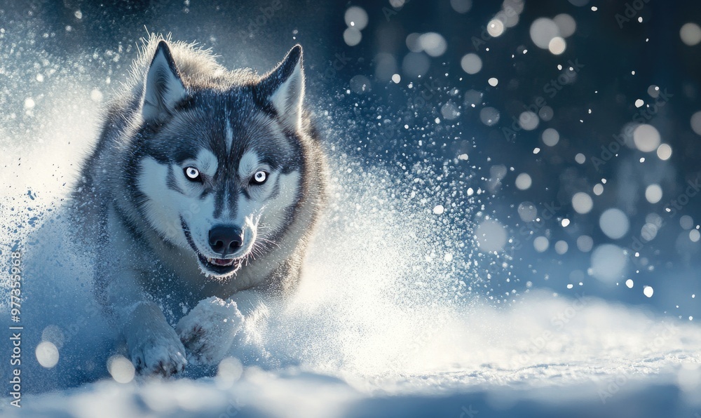 A dog is running through the snow with its mouth open A dog is running through the snow with its mouth open