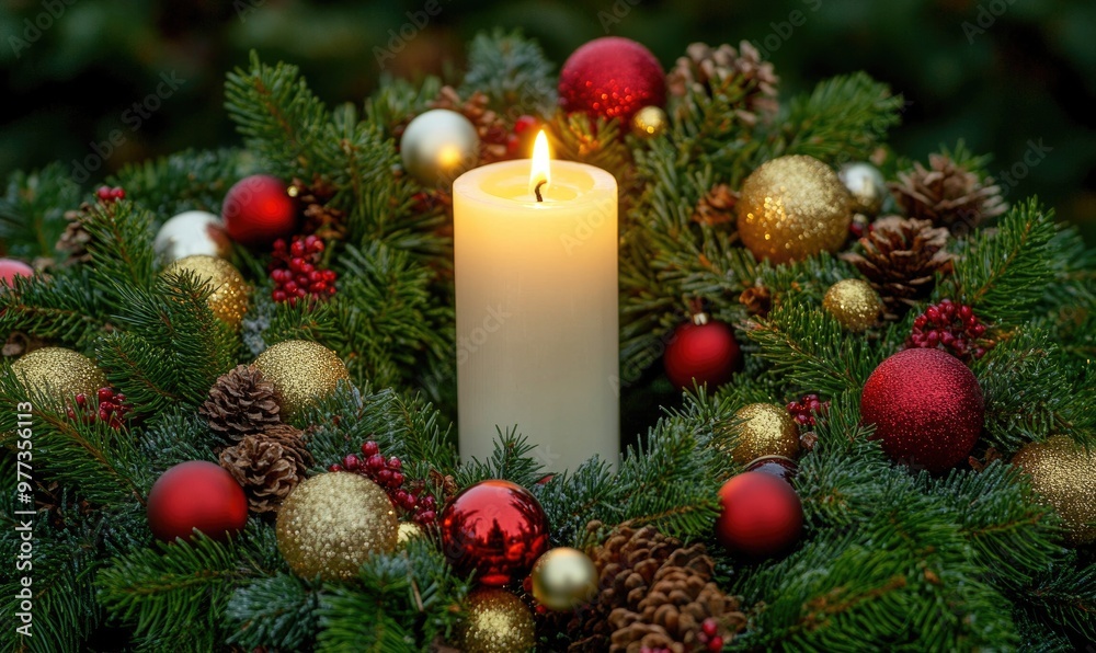 A candle is lit in a wreath of Christmas decorations A candle is lit in a wreath of Christmas decorations