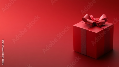 Preparing for the holidays with a red gift box on a red background for Christmas or Valentine's Day. Happy New Year template added.