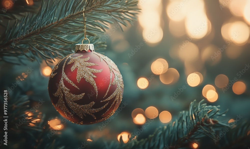 A red ornament hanging from a Christmas tree A red ornament hanging from a Christmas tree