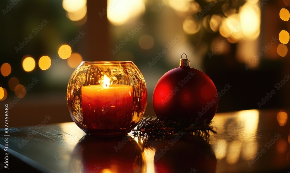 A red candle sits on a table next to a red ornament A red candle sits on a table next to a red ornament