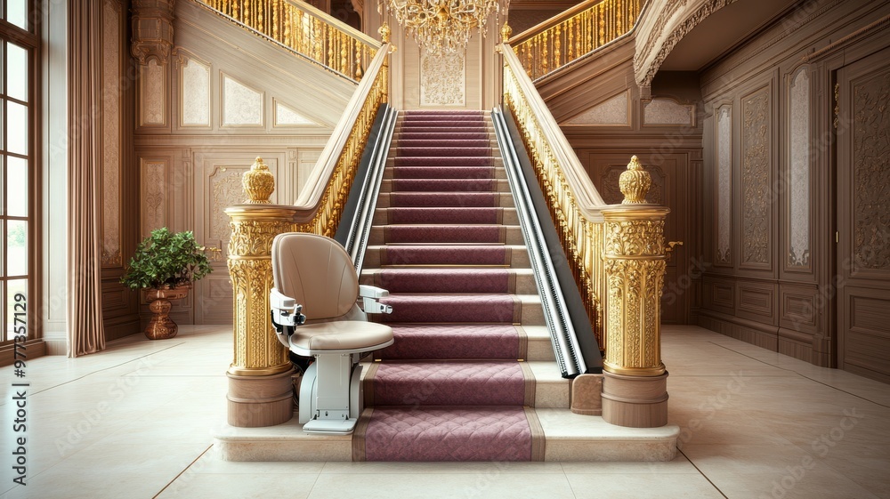Elegant interior featuring a luxurious staircase with a stairlift ...