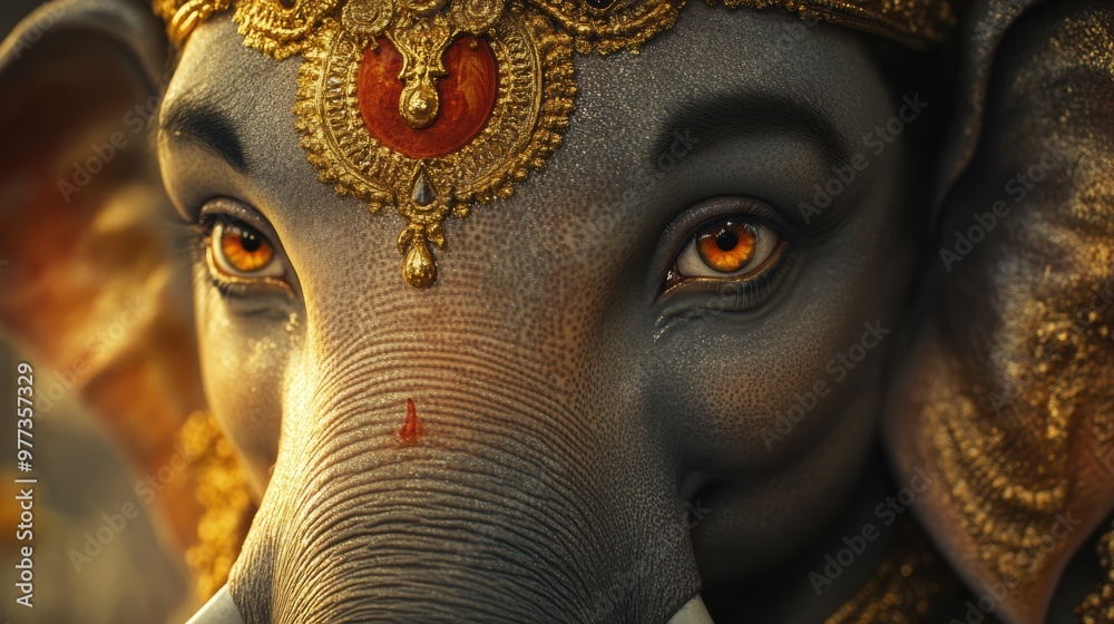 Obraz premium Close-up of a beautifully adorned elephant with intricate jewelry and rich colors, showcasing its expressive eyes and details.