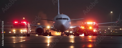 Emergency services respond to an aircraft incident on an airport runway at night, highlighting the urgency of aviation safety.