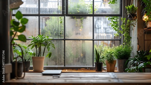 View of a damp area on a window from an office filled with greenery