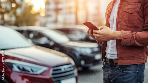 A man is standing in front of a red car and is looking at his cell phone