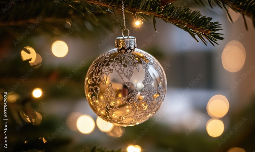 A silver ornament hanging from a Christmas tree A silver ornament hanging from a Christmas tree