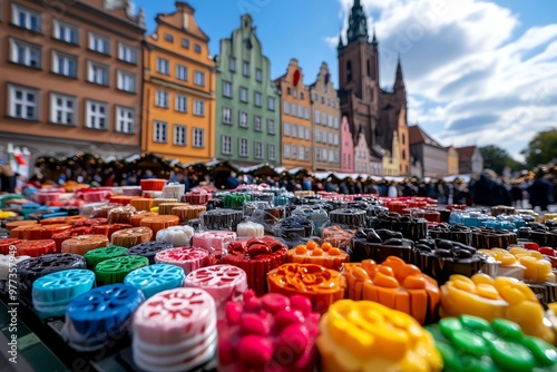 A colorful array of handmade goods at the Christmas Market, set against the backdrop of GdaÅ„skâ€™s historic architecture photo