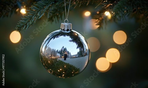 A silver Christmas ornament hangs from a tree branch