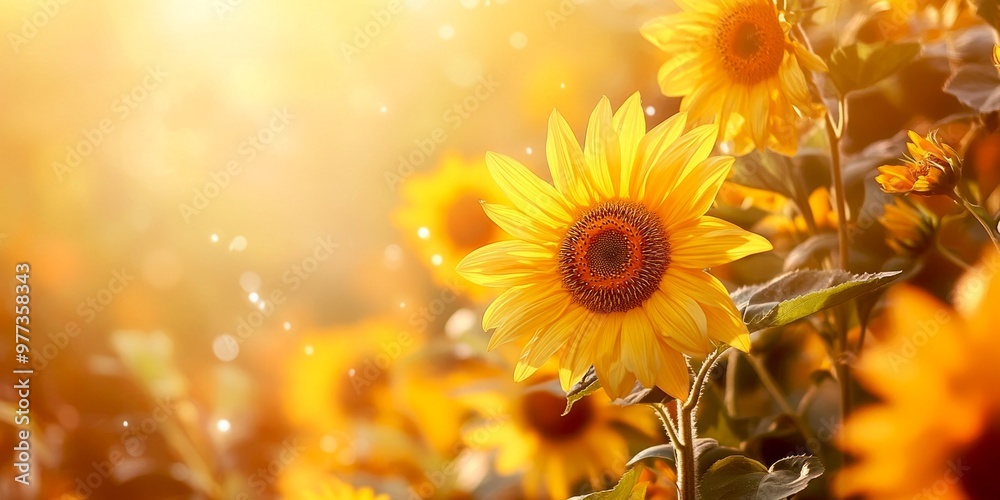 A vibrant field of sunflowers glows under warm sunlight. These cheerful flowers symbolize happiness and positivity. Ideal for nature lovers and photography enthusiasts. AI