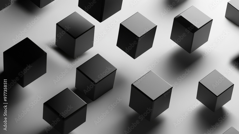 Layered 3D cubes floating and rotating in space, casting shadows on each other. Layered 3D cubes floating and rotating in space, casting shadows on each other.