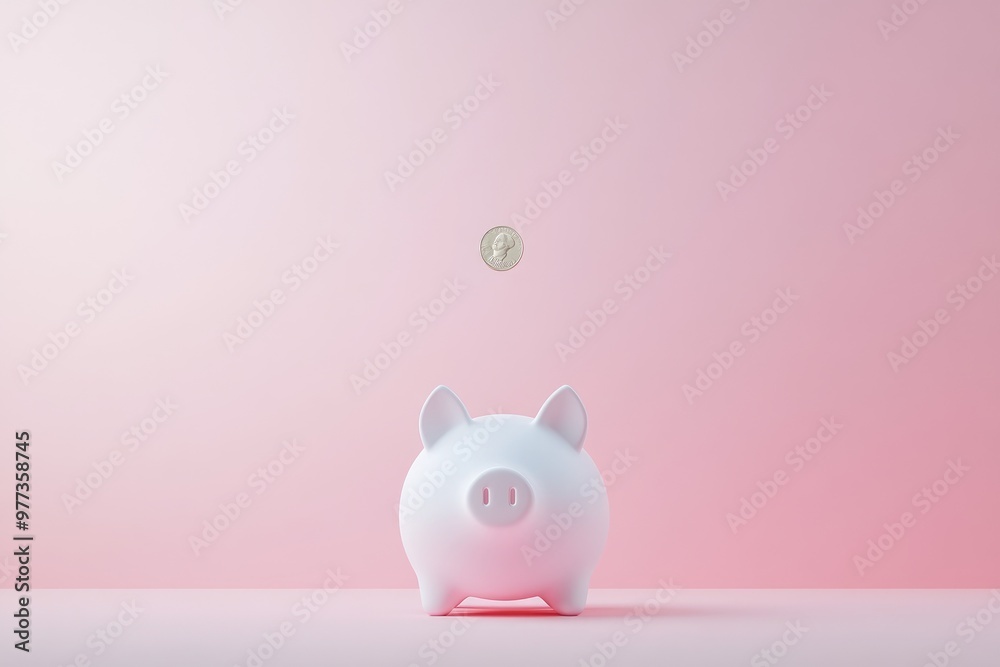 Piggy bank pig on a uniform background, a coin is inserted from above