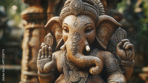 Intricate sculpture of Ganesha, the Hindu god of wisdom and prosperity, set against a serene temple backdrop.