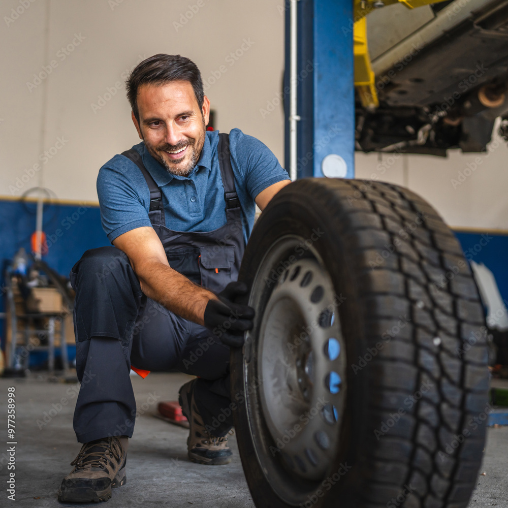 Happy adult man car mechanic work and pushes car tire in auto garage