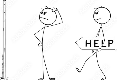 Person searching or looking for help, vector cartoon stick figure or character illustration.