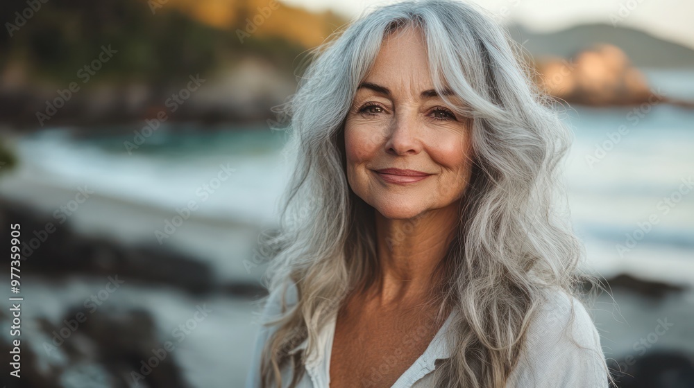 A woman with long gray hair is smiling at the camera on a beach A woman with long gray hair is smiling at the camera on a beach