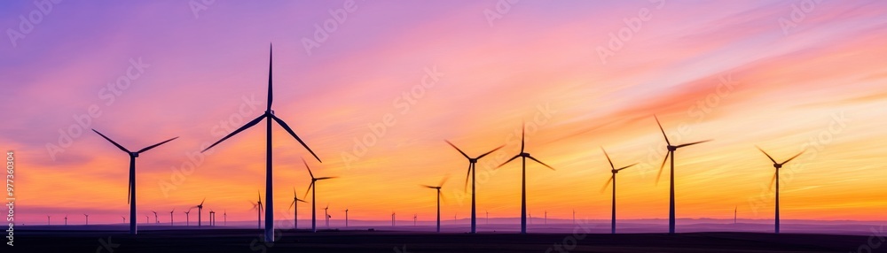 Fototapeta premium Scenic view of wind turbines at sunset, showcasing renewable energy in a vibrant sky filled with hues of orange and purple.