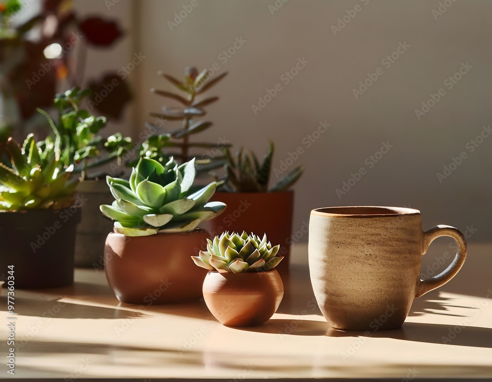 Ceramic Mug and Small Plants on a Table. A ceramic mug and small plants, such as succulents, on a table, creating a cozy and inviting scene. Ceramic Mug and Small Plants on a Table. A ceramic mug and small plants, such as succulents, on a table, creating a cozy and inviting scene.