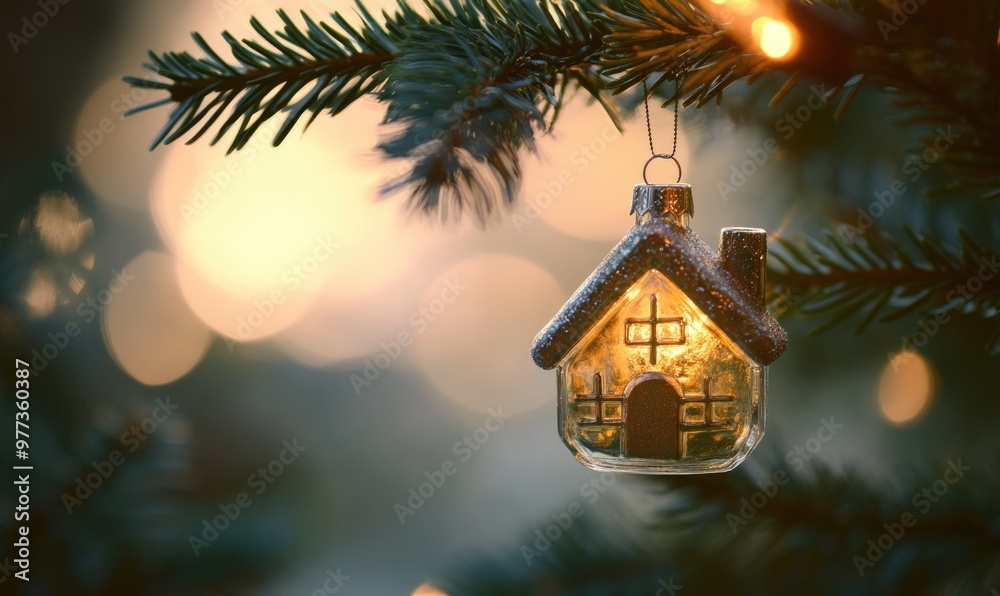 A small house ornament hangs on a Christmas tree