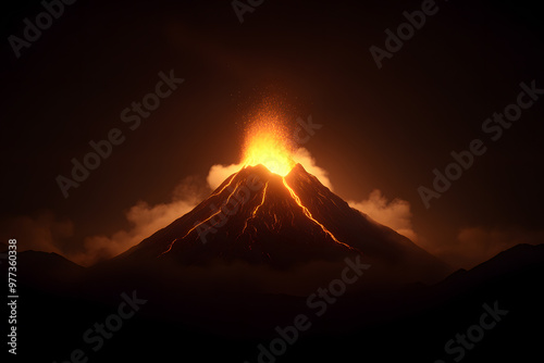 Erupting Volcano with Flowing Lava and Smoke, Dramatic Natural Disaster and Geothermal Activity