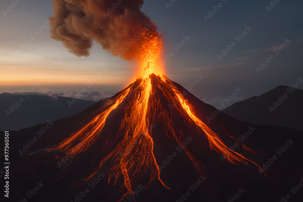 Erupting Volcano with Flowing Lava and Smoke, Dramatic Natural Disaster and Geothermal Activity Erupting Volcano with Flowing Lava and Smoke, Dramatic Natural Disaster and Geothermal Activity