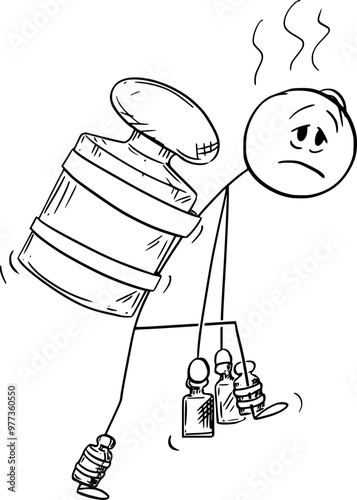 Tired person with heavy legs or chronic fatigue syndrome carrying weights , vector cartoon stick figure or character illustration.