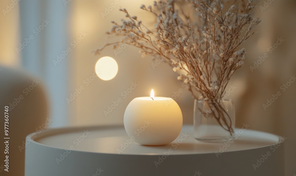 A candle is lit on a table next to a vase of flowers A candle is lit on a table next to a vase of flowers
