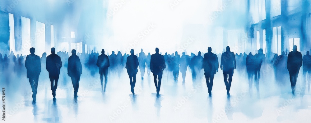 Silhouettes of people walking in a blurred cityscape, creating a sense of movement and urban lifestyle in a misty atmosphere.