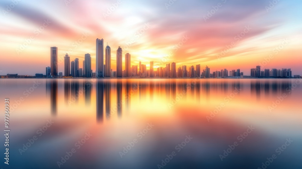 Stunning city skyline at sunset, reflecting on calm water, showcasing vibrant colors and modern architecture. Stunning city skyline at sunset, reflecting on calm water, showcasing vibrant colors and modern architecture.