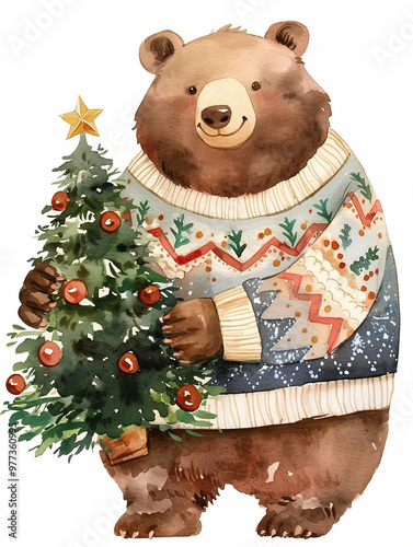 A bear is holding a Christmas tree with bells on it. The bear is wearing a red and blue sweater