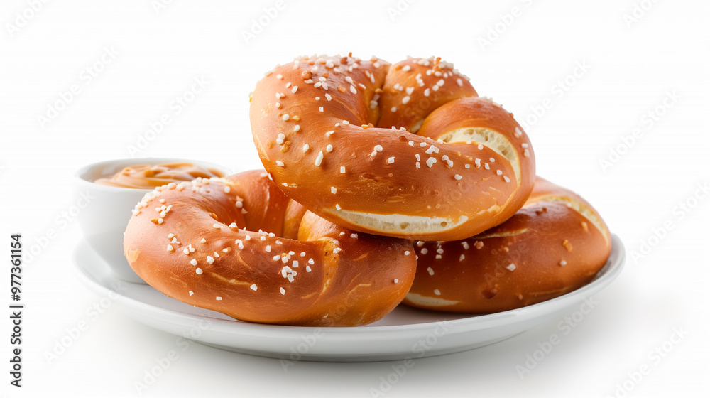 Freshly baked pretzels with coarse salt served on plate alongside small bowl of mustard, creating delicious snack option