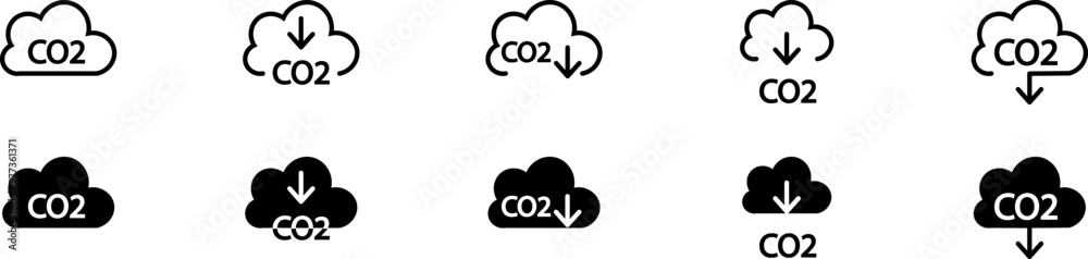 CO2 emissions into the atmosphere. Set of black vector CO2 icons. Set of simple abbreviation black cloud signs. Black CO2 emission reduction signs.