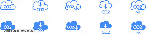 CO2 emissions into the atmosphere. Set of blue vector CO2 icons. Set of simple abbreviation blue cloud signs. Blue CO2 emission reduction signs.