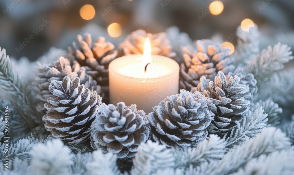 A candle is lit in a pine cone arrangement A candle is lit in a pine cone arrangement