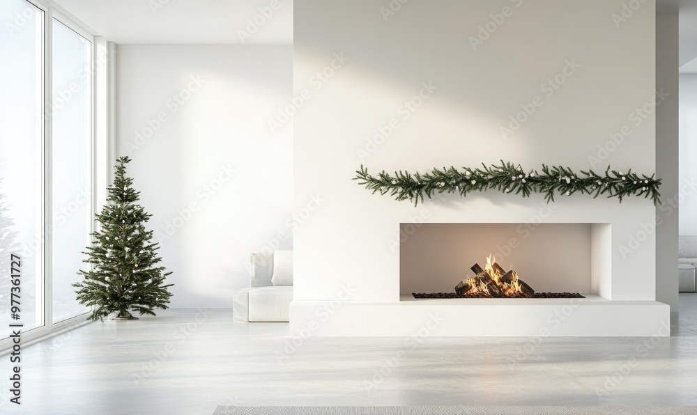 Fototapeta premium A white room with a fireplace and a Christmas tree