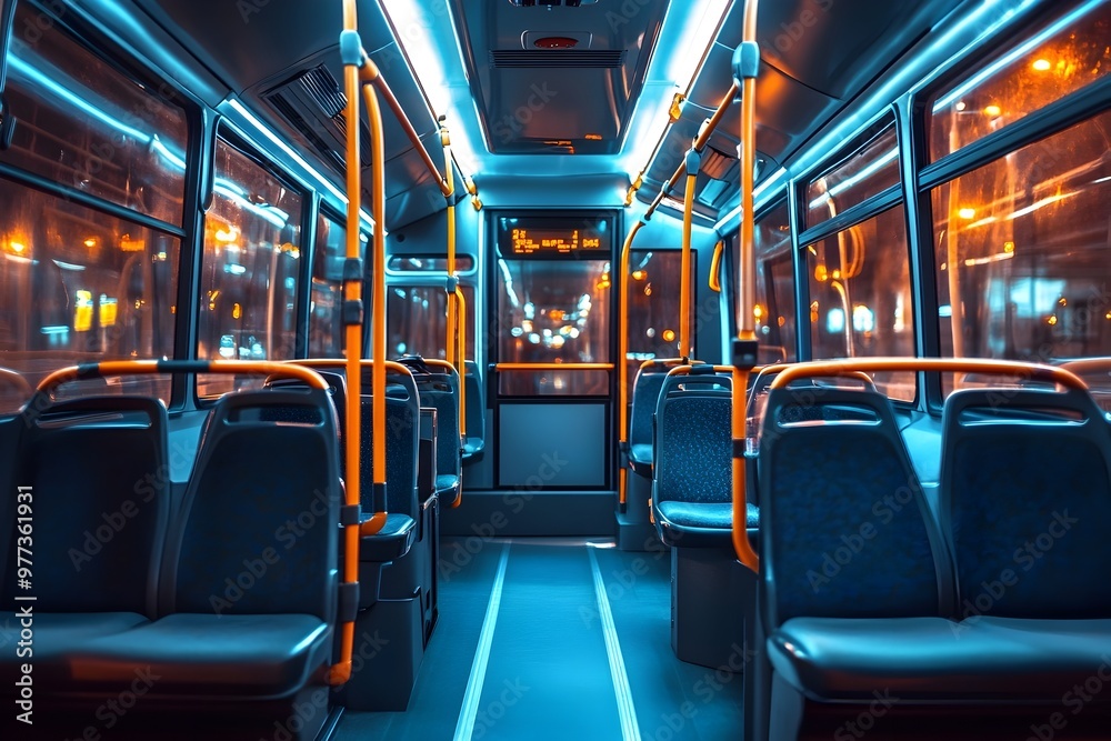 Fototapeta premium Bright and Spacious Modern City Bus Interior Scene with Empty Comfortable Seats