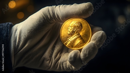 Medal Presented by Gloved Hand: A gloved hand presenting a gold medal, the medal gleaming brightly against a dark velvet background. 
