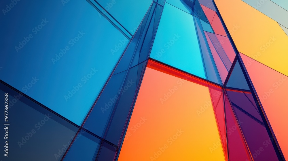 Fototapeta premium Vibrant abstract pattern of colorful glass panels reflects light, creating a modern artistic visual for contemporary design.