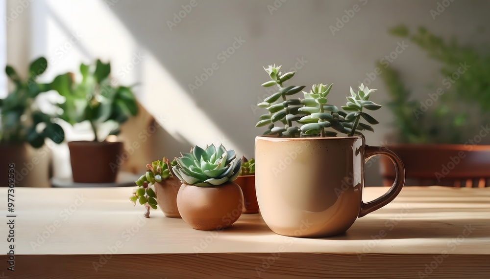 Ceramic Mug and Small Plants on a Table. A ceramic mug and small plants, such as succulents, on a table, creating a cozy and inviting scene. Ceramic Mug and Small Plants on a Table. A ceramic mug and small plants, such as succulents, on a table, creating a cozy and inviting scene.