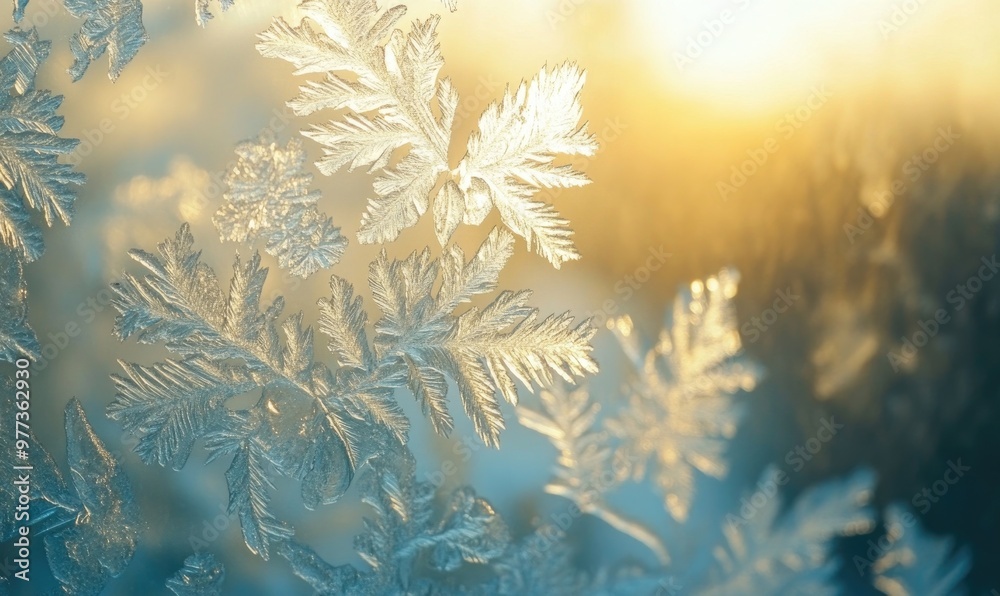 A close up of a snowflake with a sun in the background A close up of a snowflake with a sun in the background