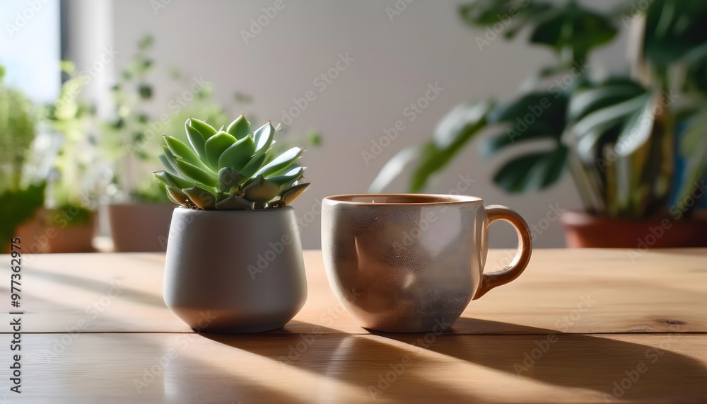 Ceramic Mug and Small Plants on a Table. A ceramic mug and small plants, such as succulents, on a table, creating a cozy and inviting scene. Ceramic Mug and Small Plants on a Table. A ceramic mug and small plants, such as succulents, on a table, creating a cozy and inviting scene.