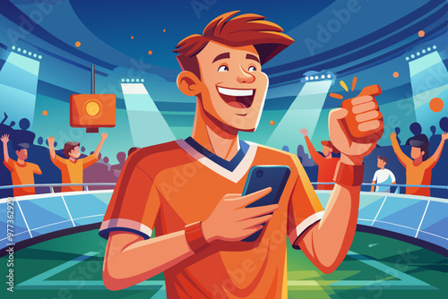 Happy young man wears orange drifter dressed in casual clothes using cell phone applauding support
