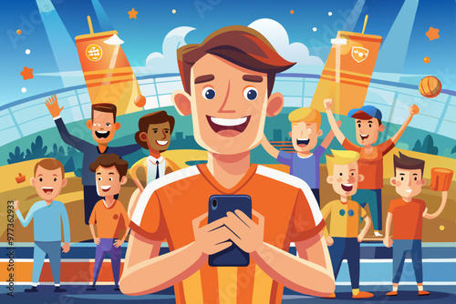 Happy young man wears orange drifter dressed in casual clothes using cell phone applauding support
