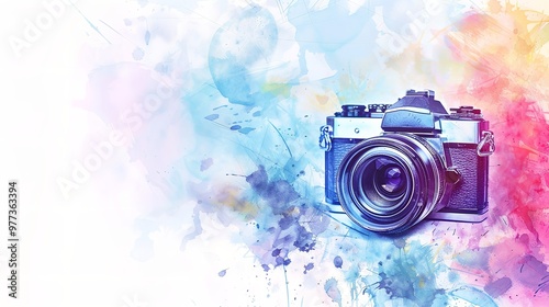 Photo camera on watercolor background illustration. World Photography Day