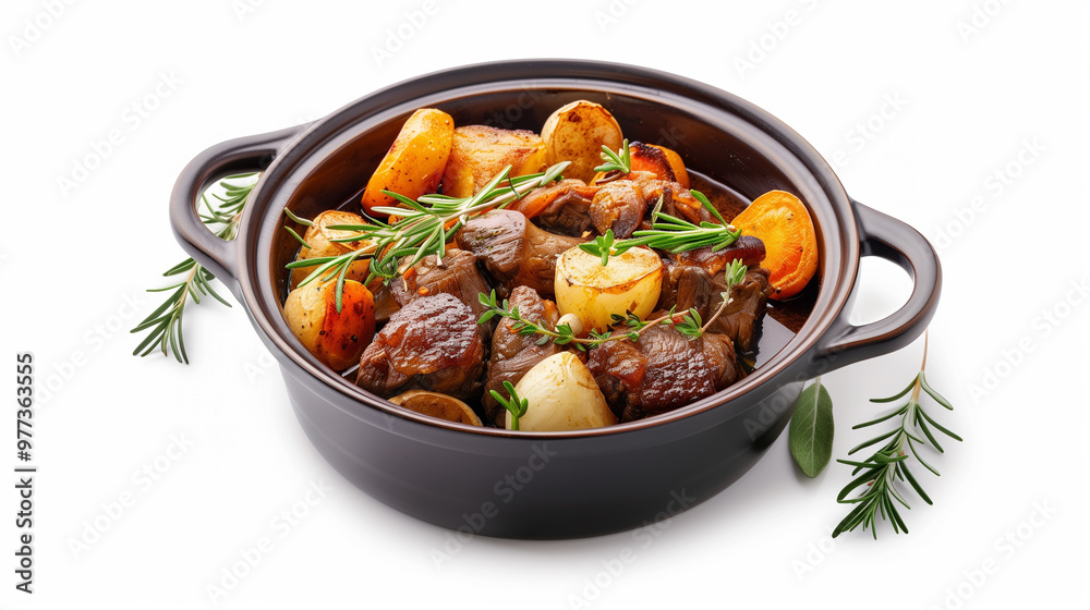 Hearty beef stew with tender meat and colorful vegetables, garnished with fresh herbs, served in black ceramic pot. This dish is perfect for comforting meal. Hearty beef stew with tender meat and colorful vegetables, garnished with fresh herbs, served in black ceramic pot. This dish is perfect for comforting meal.