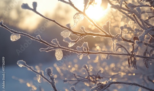 A branch covered in frost and snow with the sun shining on it