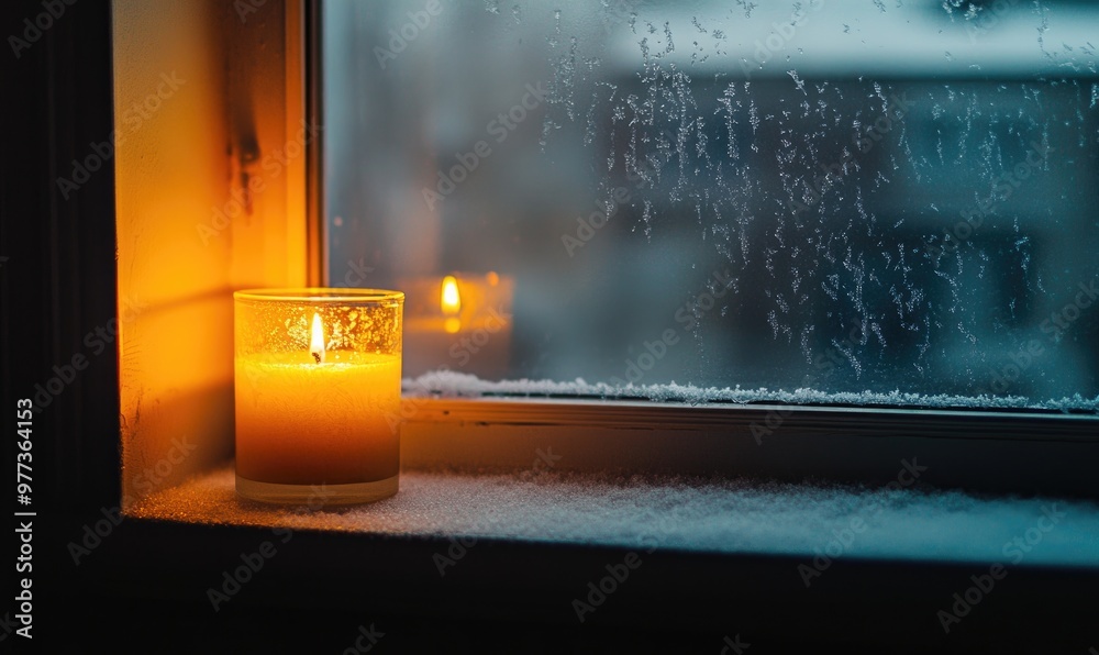 A candle is lit in a glass jar on a windowsill A candle is lit in a glass jar on a windowsill