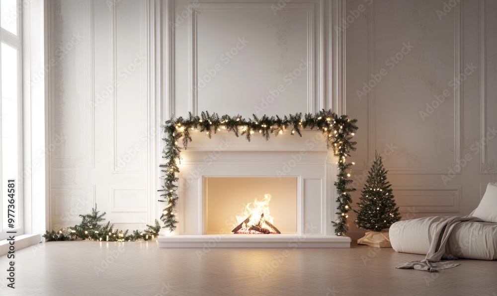 A fireplace with a Christmas tree and a Christmas wreath on it A fireplace with a Christmas tree and a Christmas wreath on it