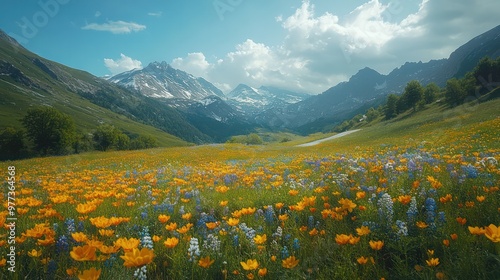 A beautiful, lush green field with a mountain range in the background