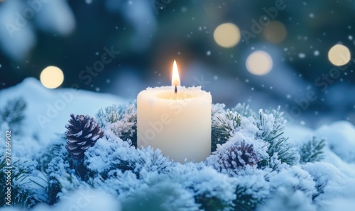 A candle is lit on a snowy ground with pine cones surrounding it